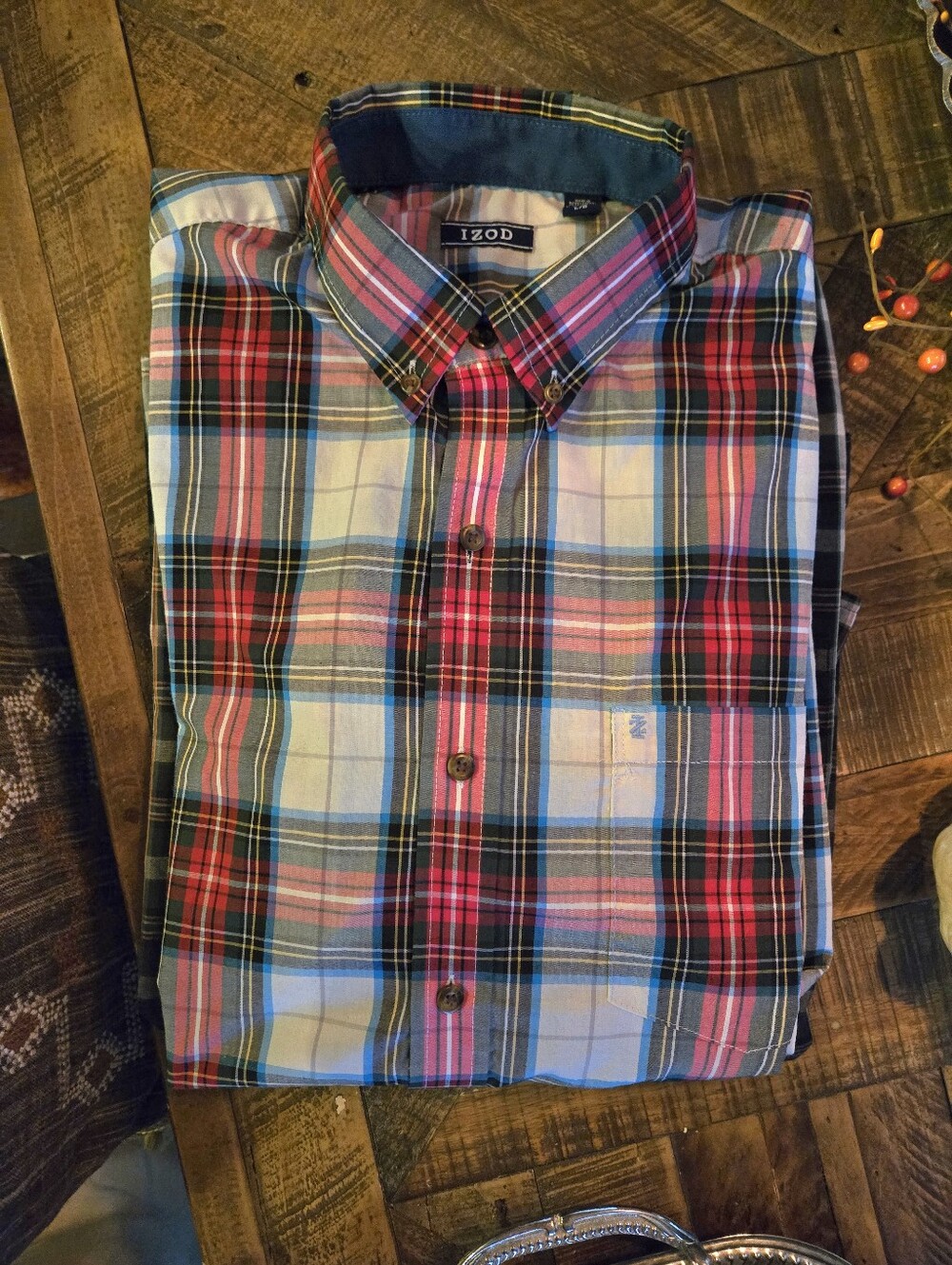 Izod Men’s Red, Blue & Black Green, White Plaid Button-Down Shirt Large L - Picture 1 of 2